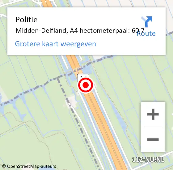 Locatie op kaart van de 112 melding: Politie Midden-Delfland, A4 hectometerpaal: 60,7 op 22 maart 2024 15:11