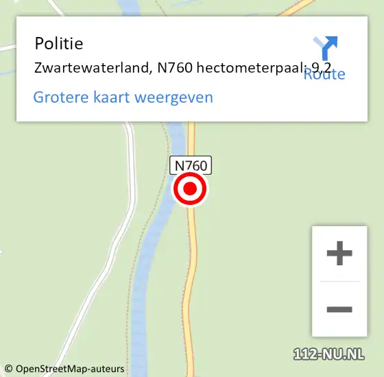 Locatie op kaart van de 112 melding: Politie Zwartewaterland, N760 hectometerpaal: 9,2 op 22 maart 2024 15:50