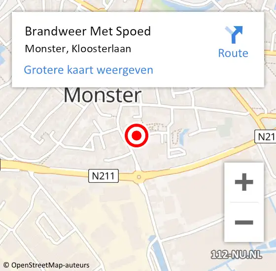 Locatie op kaart van de 112 melding: Brandweer Met Spoed Naar Monster, Kloosterlaan op 22 maart 2024 15:58