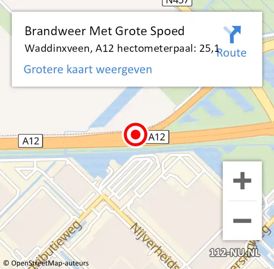 Locatie op kaart van de 112 melding: Brandweer Met Grote Spoed Naar Waddinxveen, A12 hectometerpaal: 25,1 op 22 maart 2024 16:03