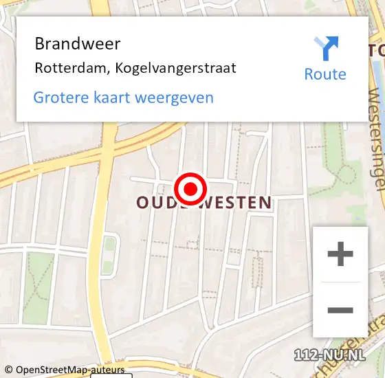 Locatie op kaart van de 112 melding: Brandweer Rotterdam, Kogelvangerstraat op 22 maart 2024 16:32