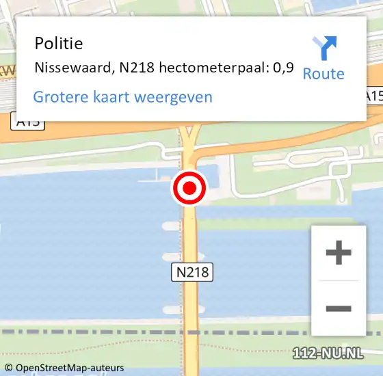 Locatie op kaart van de 112 melding: Politie Nissewaard, N218 hectometerpaal: 0,9 op 22 maart 2024 18:06