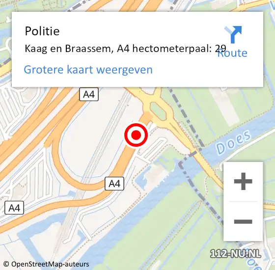 Locatie op kaart van de 112 melding: Politie Kaag en Braassem, A4 hectometerpaal: 29 op 22 maart 2024 19:38