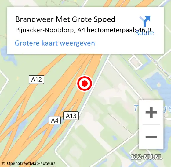 Locatie op kaart van de 112 melding: Brandweer Met Grote Spoed Naar Pijnacker-Nootdorp, A4 hectometerpaal: 46,9 op 22 maart 2024 20:34