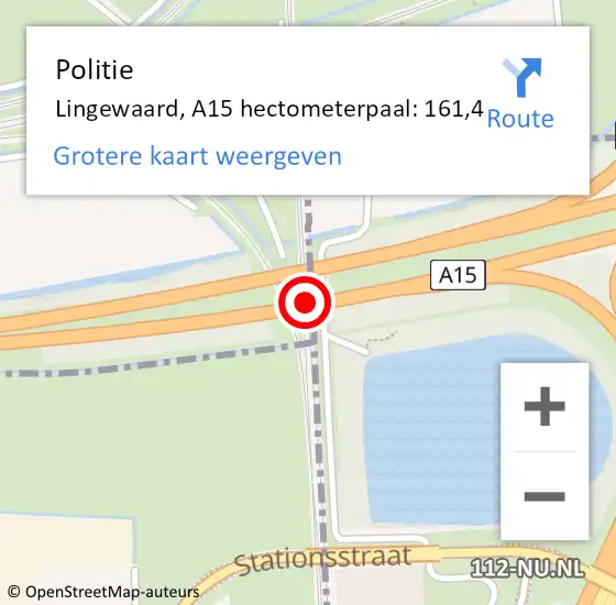 Locatie op kaart van de 112 melding: Politie Lingewaard, A15 hectometerpaal: 161,4 op 23 maart 2024 11:27