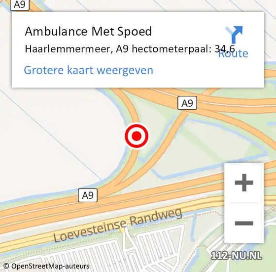 Locatie op kaart van de 112 melding: Ambulance Met Spoed Naar Haarlemmermeer, A9 hectometerpaal: 34,6 op 23 maart 2024 12:00