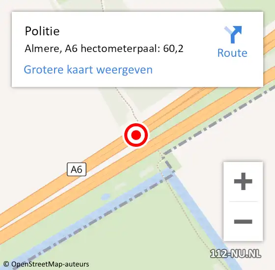 Locatie op kaart van de 112 melding: Politie Almere, A6 hectometerpaal: 60,2 op 23 maart 2024 12:34