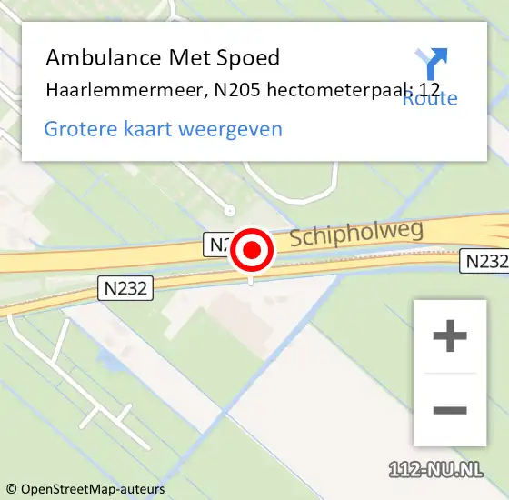 Locatie op kaart van de 112 melding: Ambulance Met Spoed Naar Haarlemmermeer, N205 hectometerpaal: 12 op 23 maart 2024 15:20