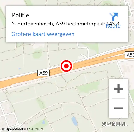 Locatie op kaart van de 112 melding: Politie 's-Hertogenbosch, A59 hectometerpaal: 143,3 op 23 maart 2024 16:01