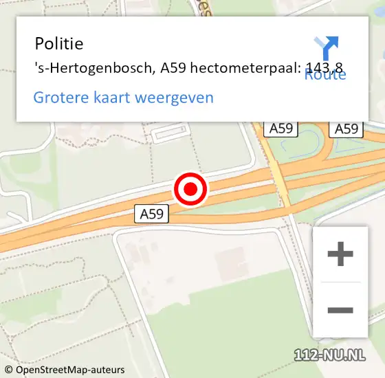 Locatie op kaart van de 112 melding: Politie 's-Hertogenbosch, A59 hectometerpaal: 143,8 op 23 maart 2024 16:03