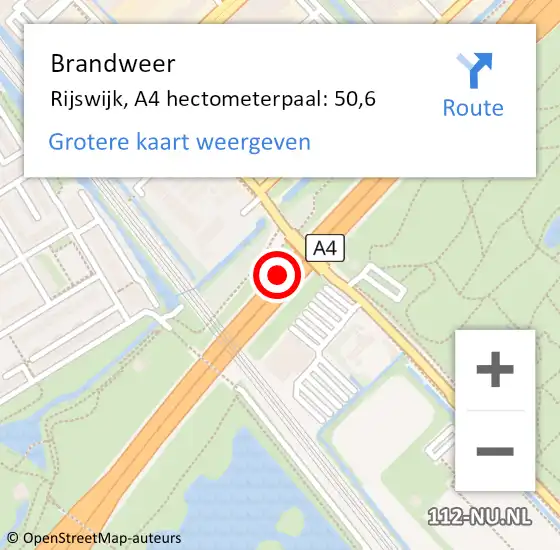 Locatie op kaart van de 112 melding: Brandweer Rijswijk, A4 hectometerpaal: 50,6 op 23 maart 2024 16:54