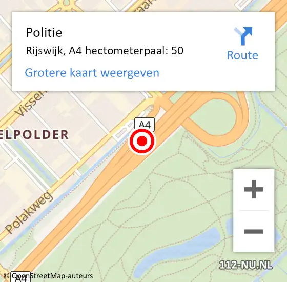 Locatie op kaart van de 112 melding: Politie Rijswijk, A4 hectometerpaal: 50 op 23 maart 2024 17:06