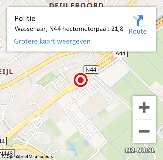 Locatie op kaart van de 112 melding: Politie Wassenaar, N44 hectometerpaal: 21,8 op 23 maart 2024 17:54