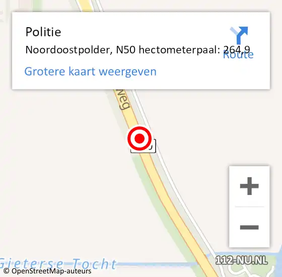 Locatie op kaart van de 112 melding: Politie Noordoostpolder, N50 hectometerpaal: 264,9 op 23 maart 2024 19:40