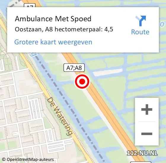 Locatie op kaart van de 112 melding: Ambulance Met Spoed Naar Oostzaan, A8 hectometerpaal: 4,5 op 23 maart 2024 21:16