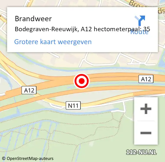 Locatie op kaart van de 112 melding: Brandweer Bodegraven-Reeuwijk, A12 hectometerpaal: 35 op 23 maart 2024 22:18