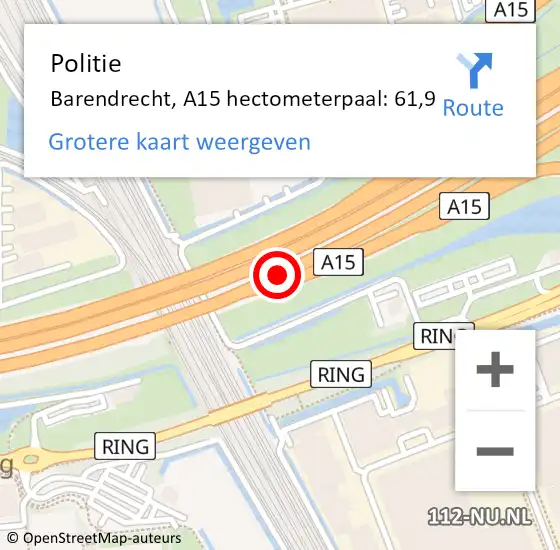 Locatie op kaart van de 112 melding: Politie Barendrecht, A15 hectometerpaal: 61,9 op 23 maart 2024 22:27