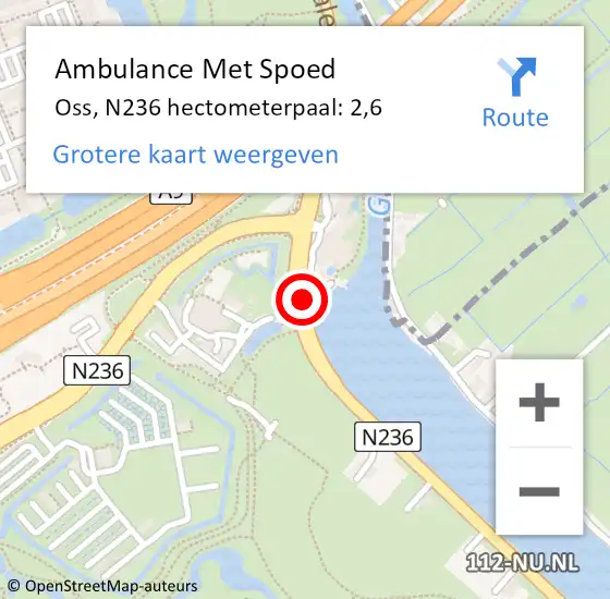 Locatie op kaart van de 112 melding: Ambulance Met Spoed Naar Oss, N236 hectometerpaal: 2,6 op 24 maart 2024 00:05
