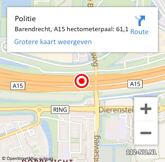 Locatie op kaart van de 112 melding: Politie Barendrecht, A15 hectometerpaal: 61,1 op 24 maart 2024 00:07