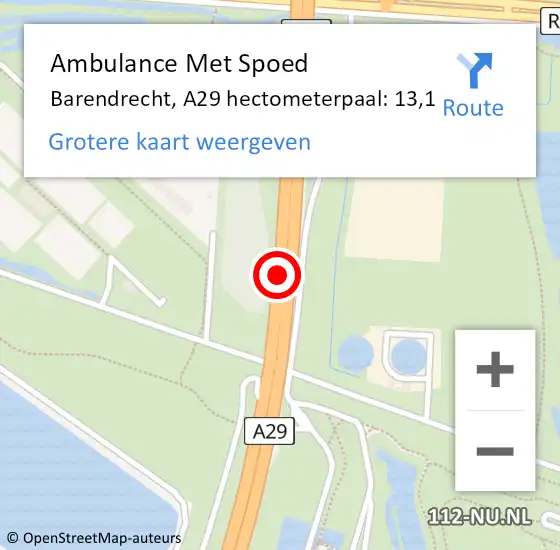Locatie op kaart van de 112 melding: Ambulance Met Spoed Naar Barendrecht, A29 hectometerpaal: 13,1 op 24 maart 2024 05:15
