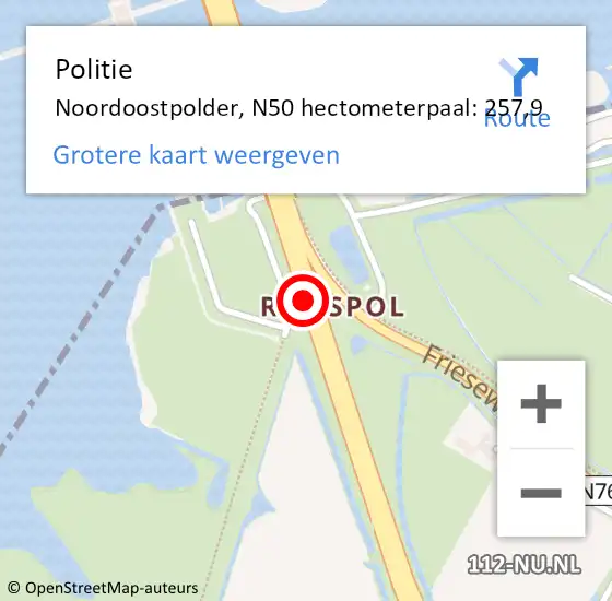 Locatie op kaart van de 112 melding: Politie Noordoostpolder, N50 hectometerpaal: 257,9 op 24 maart 2024 06:14