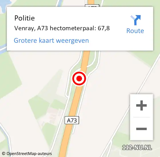 Locatie op kaart van de 112 melding: Politie Venray, A73 hectometerpaal: 67,8 op 24 maart 2024 06:32