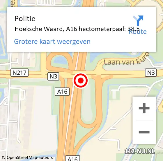 Locatie op kaart van de 112 melding: Politie Hoeksche Waard, A16 hectometerpaal: 38,5 op 24 maart 2024 08:18