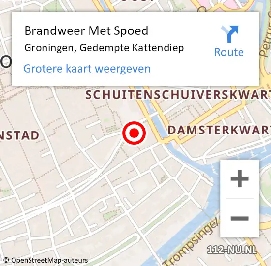 Locatie op kaart van de 112 melding: Brandweer Met Spoed Naar Groningen, Gedempte Kattendiep op 24 maart 2024 13:09