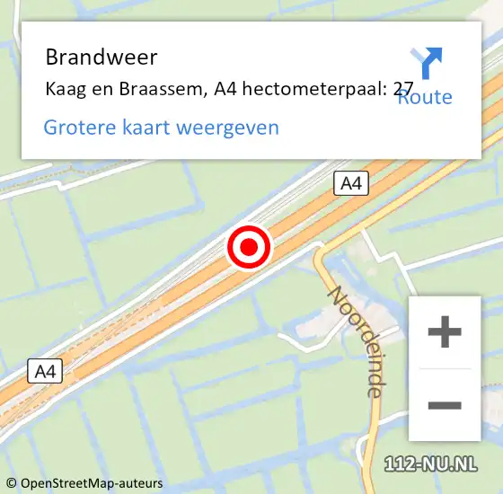 Locatie op kaart van de 112 melding: Brandweer Kaag en Braassem, A4 hectometerpaal: 27 op 24 maart 2024 13:57