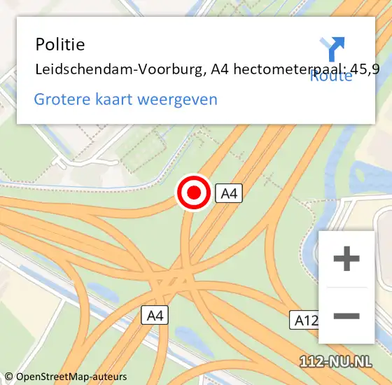 Locatie op kaart van de 112 melding: Politie Leidschendam-Voorburg, A4 hectometerpaal: 45,9 op 24 maart 2024 14:13