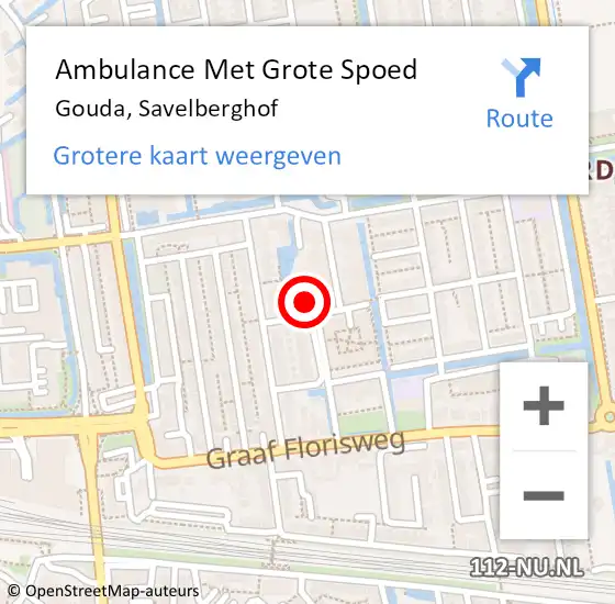Locatie op kaart van de 112 melding: Ambulance Met Grote Spoed Naar Gouda, Savelberghof op 24 maart 2024 16:55