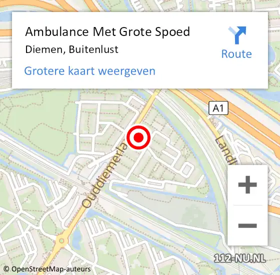 Locatie op kaart van de 112 melding: Ambulance Met Grote Spoed Naar Diemen, Buitenlust op 24 maart 2024 17:29