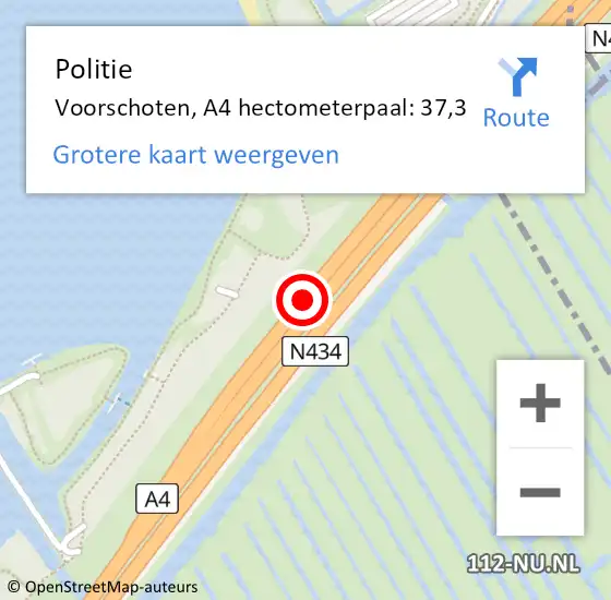 Locatie op kaart van de 112 melding: Politie Voorschoten, A4 hectometerpaal: 37,3 op 24 maart 2024 18:46