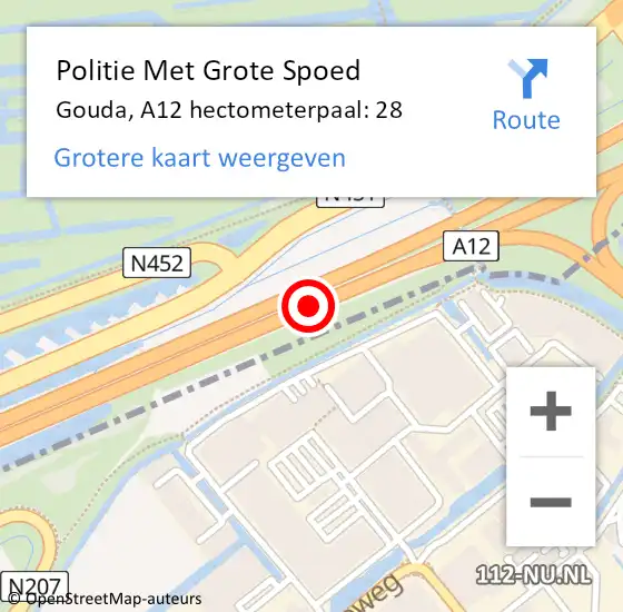 Locatie op kaart van de 112 melding: Politie Met Grote Spoed Naar Gouda, A12 hectometerpaal: 28 op 24 maart 2024 22:34