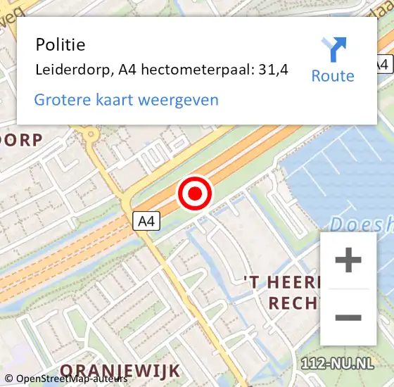 Locatie op kaart van de 112 melding: Politie Leiderdorp, A4 hectometerpaal: 31,4 op 25 maart 2024 00:04