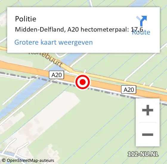 Locatie op kaart van de 112 melding: Politie Midden-Delfland, A20 hectometerpaal: 17,6 op 25 maart 2024 00:50