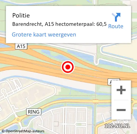 Locatie op kaart van de 112 melding: Politie Barendrecht, A15 hectometerpaal: 60,5 op 25 maart 2024 08:00