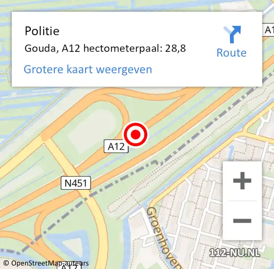 Locatie op kaart van de 112 melding: Politie Gouda, A12 hectometerpaal: 28,8 op 25 maart 2024 08:01