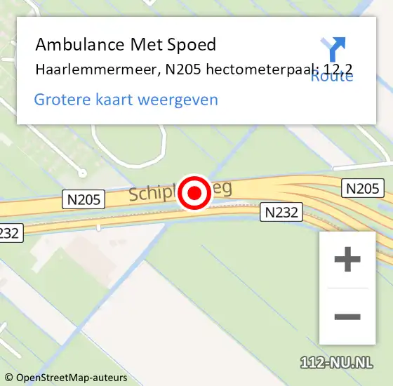 Locatie op kaart van de 112 melding: Ambulance Met Spoed Naar Haarlemmermeer, N205 hectometerpaal: 12,2 op 25 maart 2024 08:01