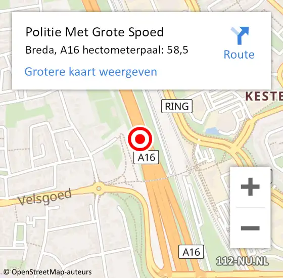 Locatie op kaart van de 112 melding: Politie Met Grote Spoed Naar Breda, A16 hectometerpaal: 58,5 op 25 maart 2024 08:48
