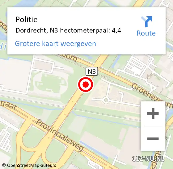 Locatie op kaart van de 112 melding: Politie Dordrecht, N3 hectometerpaal: 4,4 op 25 maart 2024 08:58