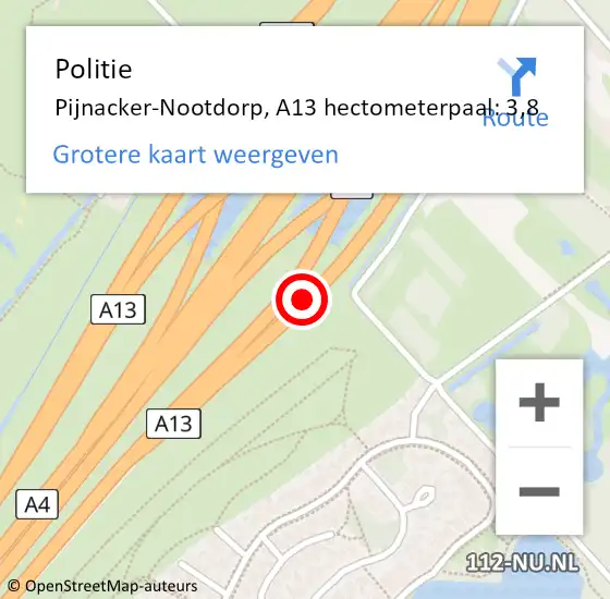 Locatie op kaart van de 112 melding: Politie Pijnacker-Nootdorp, A13 hectometerpaal: 3,8 op 25 maart 2024 09:29