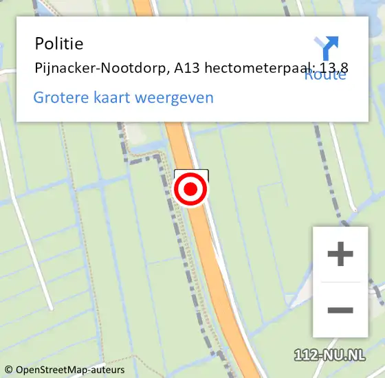 Locatie op kaart van de 112 melding: Politie Pijnacker-Nootdorp, A13 hectometerpaal: 13,8 op 25 maart 2024 09:31