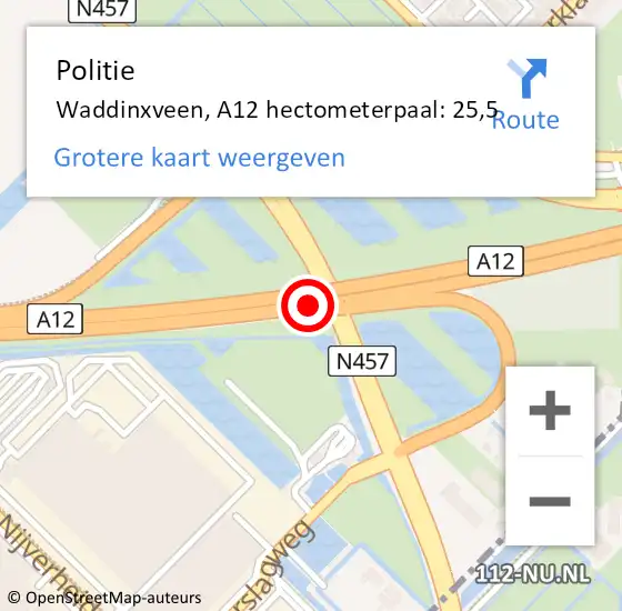 Locatie op kaart van de 112 melding: Politie Waddinxveen, A12 hectometerpaal: 25,5 op 25 maart 2024 10:31