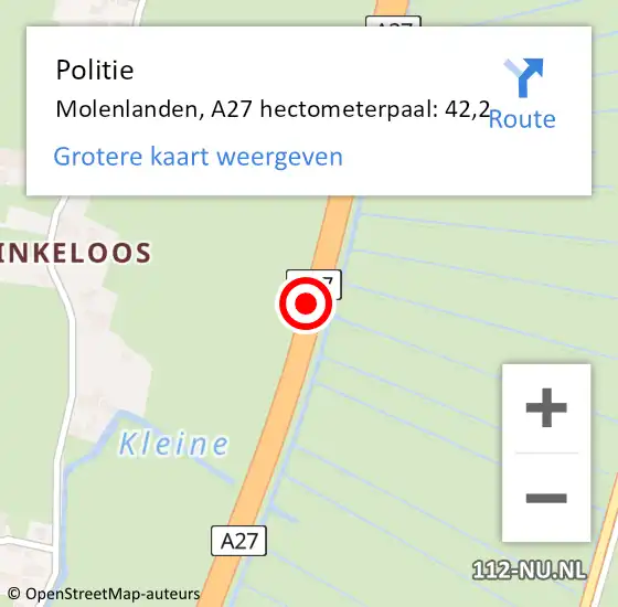 Locatie op kaart van de 112 melding: Politie Molenlanden, A27 hectometerpaal: 42,2 op 25 maart 2024 12:17