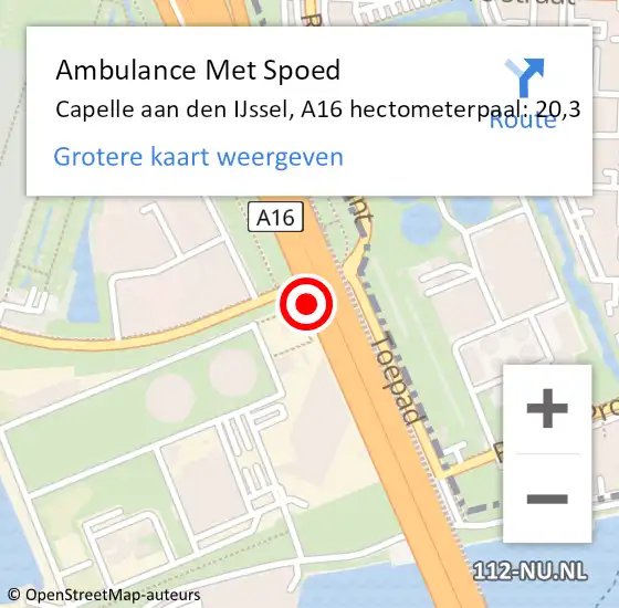 Locatie op kaart van de 112 melding: Ambulance Met Spoed Naar Capelle aan den IJssel, A16 hectometerpaal: 20,3 op 25 maart 2024 12:49