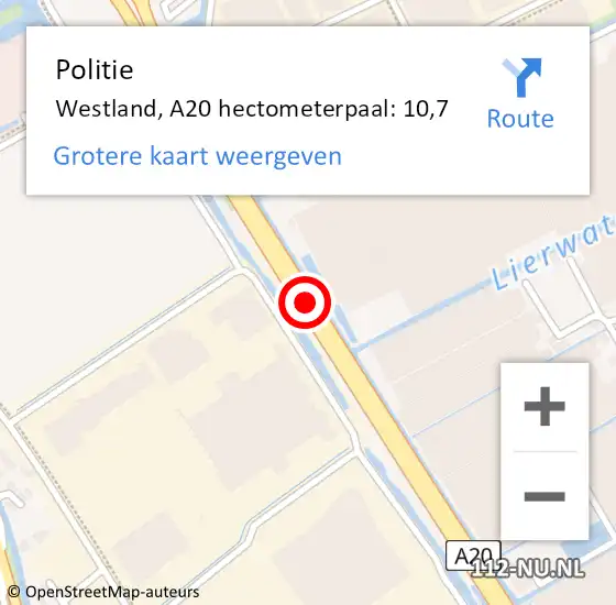 Locatie op kaart van de 112 melding: Politie Westland, A20 hectometerpaal: 10,7 op 25 maart 2024 15:41