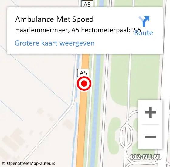 Locatie op kaart van de 112 melding: Ambulance Met Spoed Naar Haarlemmermeer, A5 hectometerpaal: 2,5 op 25 maart 2024 16:23