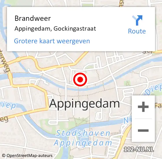 Locatie op kaart van de 112 melding: Brandweer Appingedam, Gockingastraat op 25 maart 2024 16:49