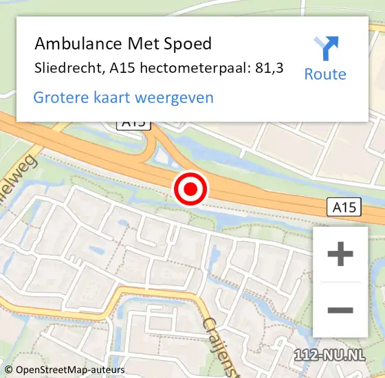 Locatie op kaart van de 112 melding: Ambulance Met Spoed Naar Sliedrecht, A15 hectometerpaal: 81,3 op 25 maart 2024 16:57